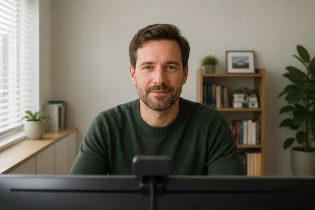 Webcam sin marca colocada a la altura de los ojos en un escritorio