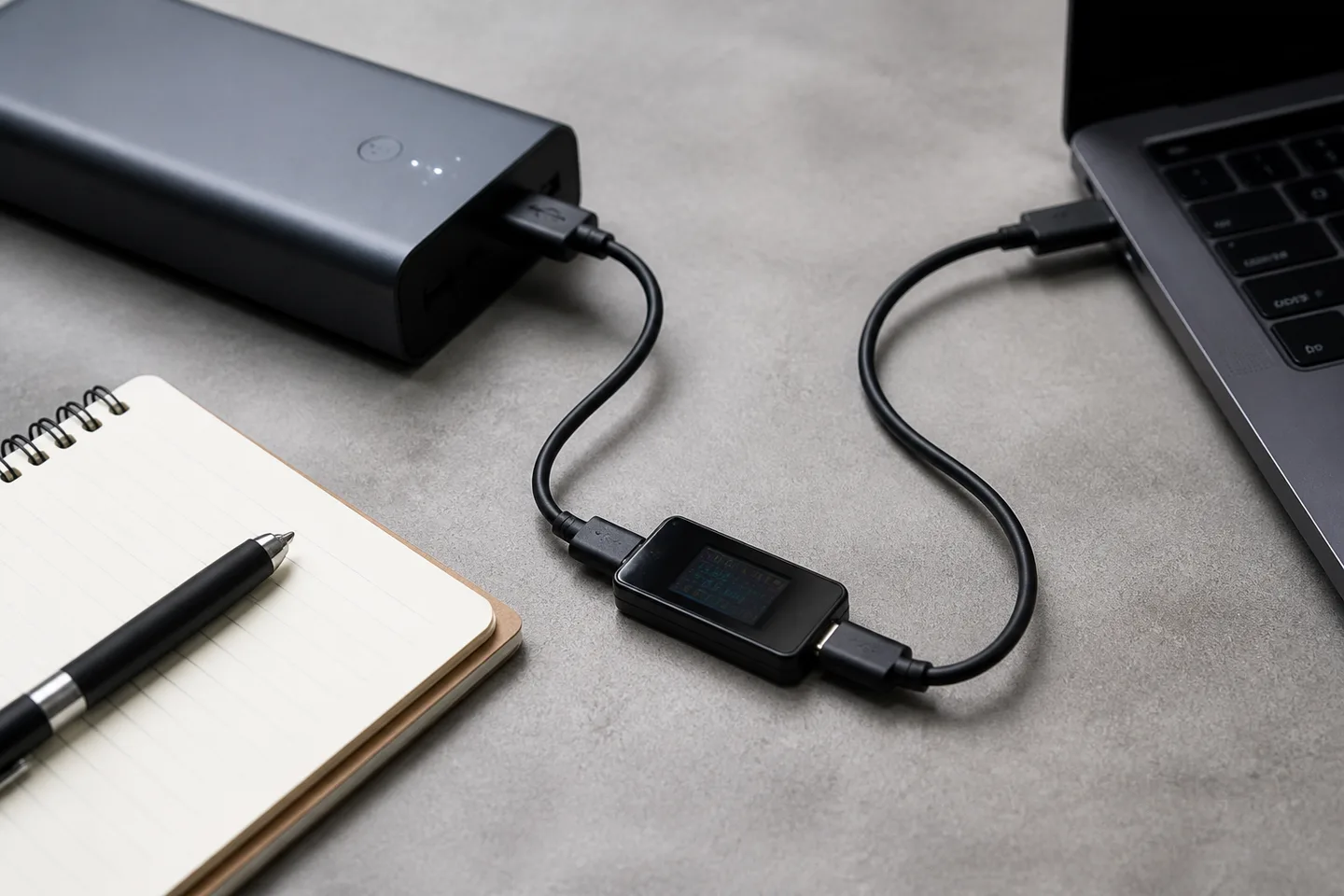 Power bank conectada a entrada y salida para comprobar la carga pasante