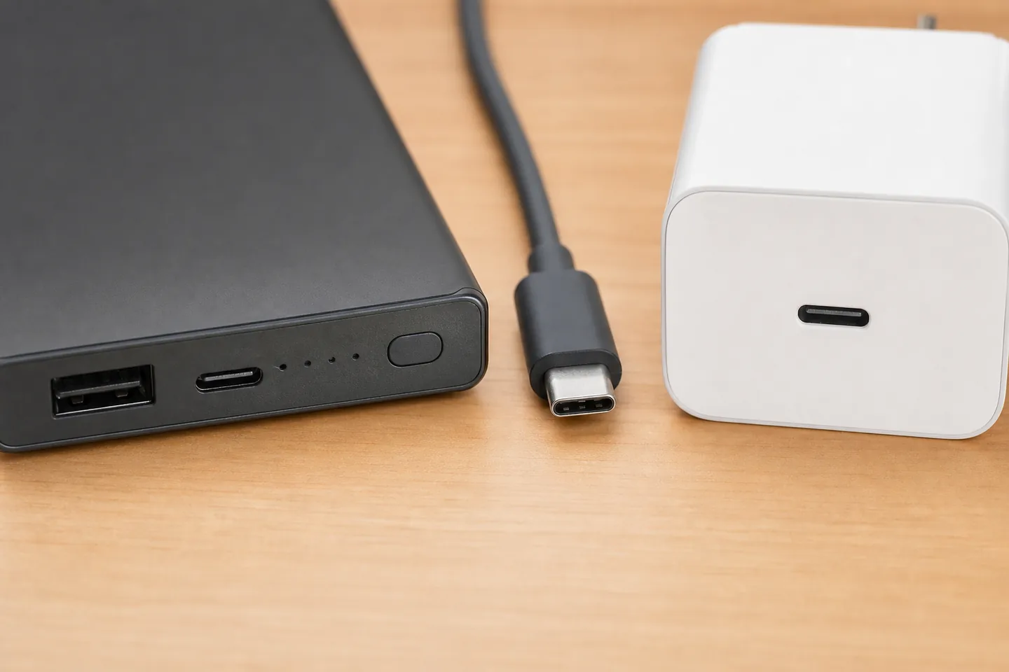 Portátil y batería externa genérica conectados por USB-C