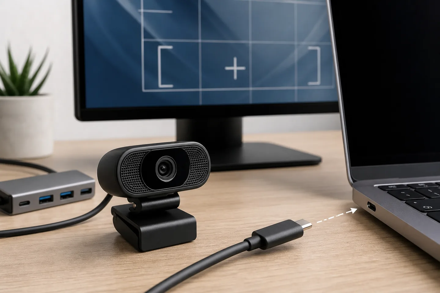 Webcam, conector USB-C y puerto de portátil preparados para comprobar compatibilidad