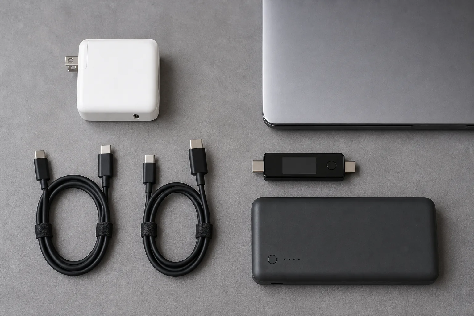 Cables USB-C, cargador, medidor y batería externa para diagnóstico