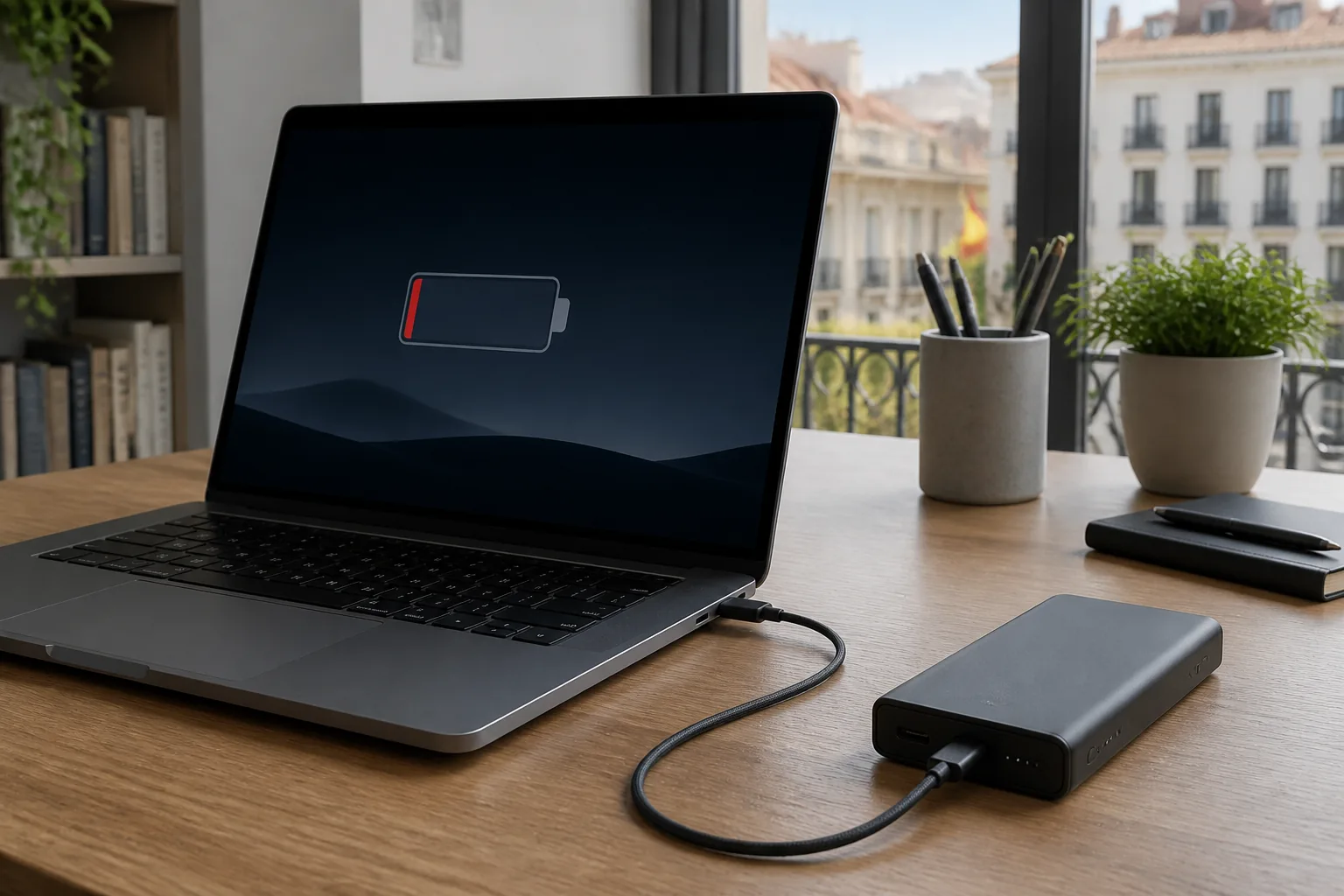 Portátil conectado por USB-C a una batería externa