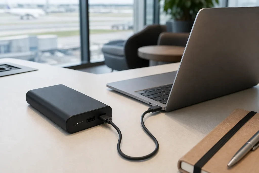 Batería externa genérica conectada por USB-C a un portátil