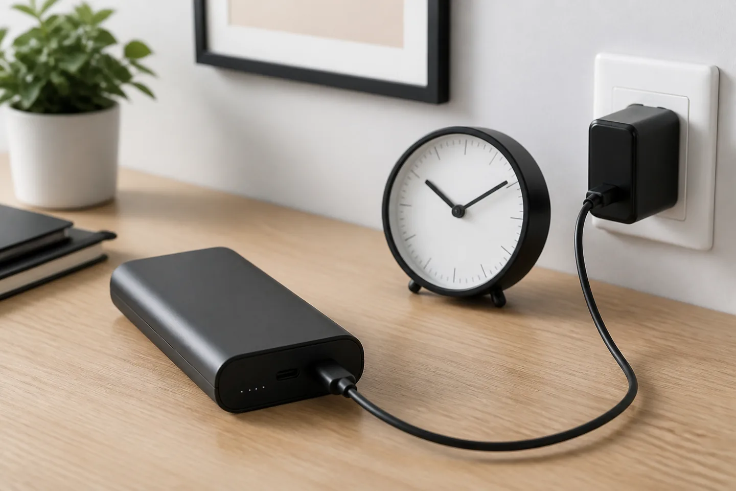 BaterÃa externa recargando junto a un reloj