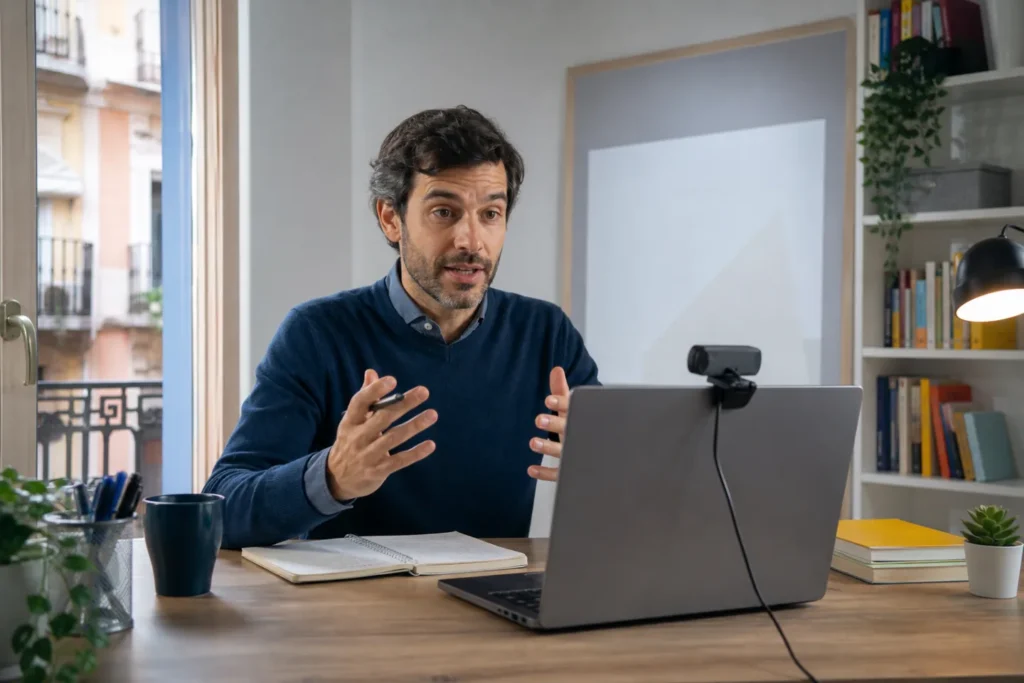 Webcam preparada para clases online en un escritorio doméstico