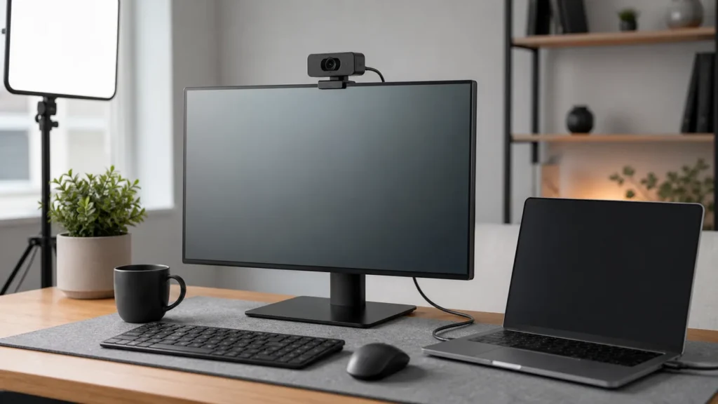 Webcam USB-C montada sobre un monitor en un escritorio de streaming