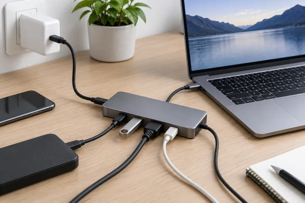 Hub USB-C con Power Delivery conectado a un portátil
