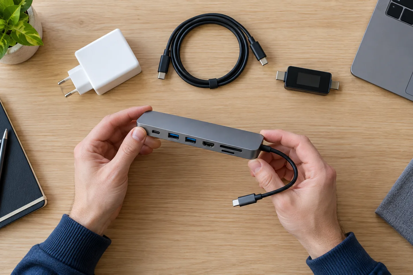 Hub USB-C con Power Delivery conectado a cargador y portátil