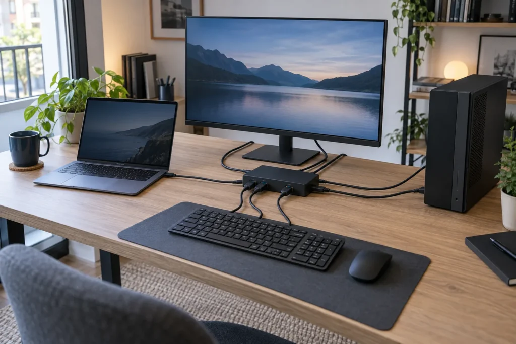 Switch KVM HDMI para dos ordenadores conectado a un monitor, teclado y ratón