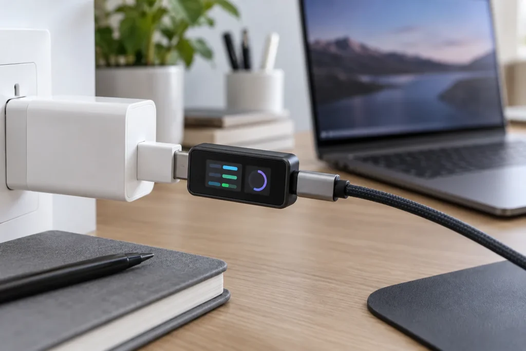 Medidor USB-C de potencia entre cargador y cable