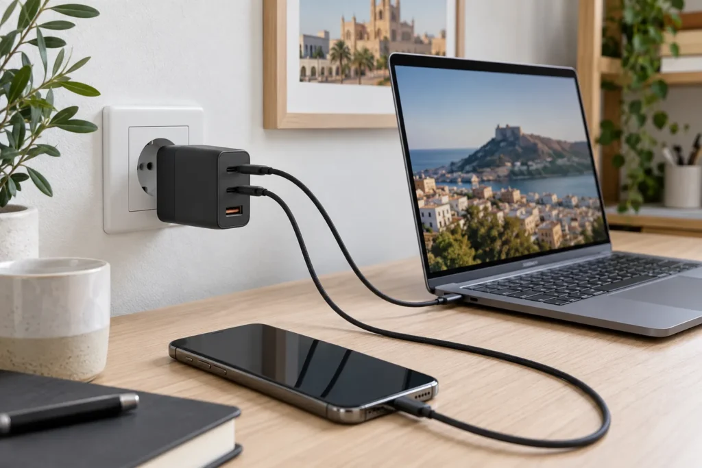 Cargador GaN USB-C de 65 W en un escritorio