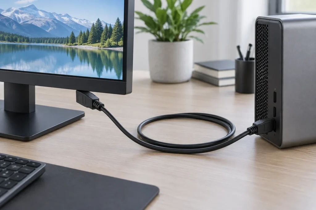 Cable DisplayPort junto a un monitor y un ordenador sin marcas