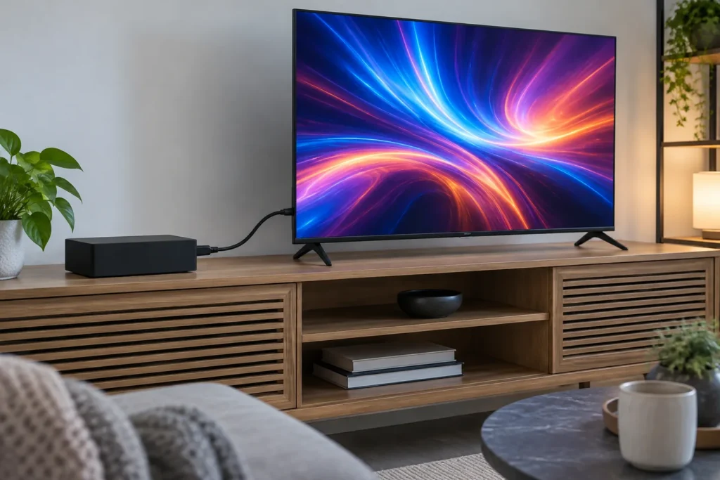Cable HDMI conectado entre una consola y un televisor 4K