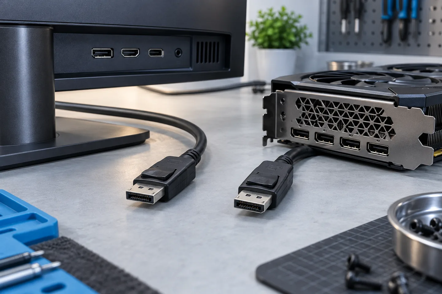 Conectores DisplayPort junto a un monitor y una tarjeta gráfica sin marcas