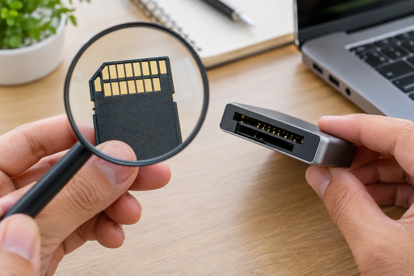 Comprobación de los contactos de una tarjeta SD y un lector USB-C