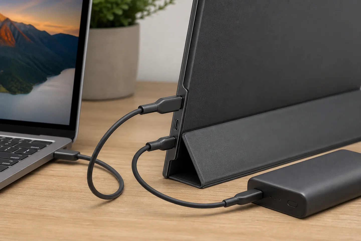 Monitor portátil sin marca con cables separados para vídeo y alimentación desde una power bank