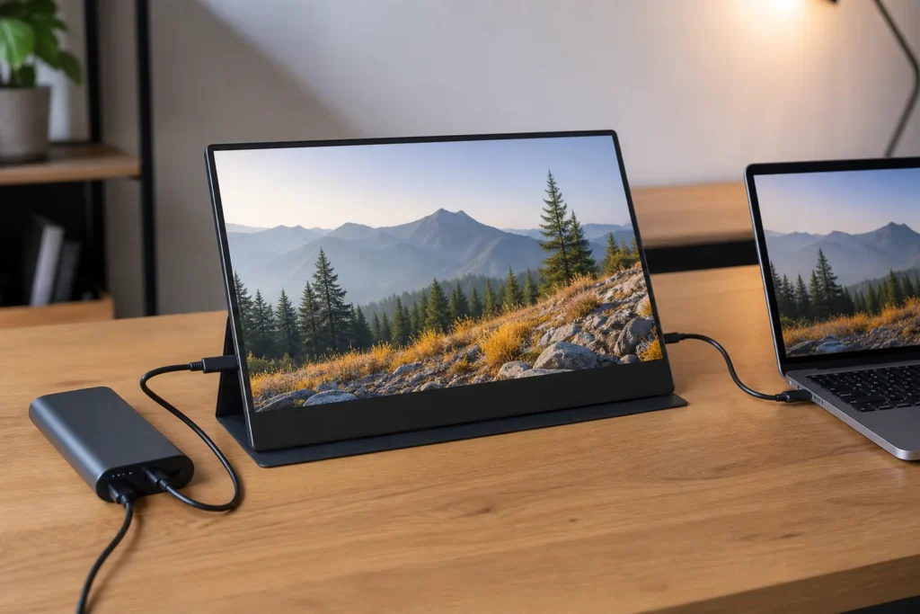 Monitor portátil conectado a una batería externa sin marcas en un escritorio móvil