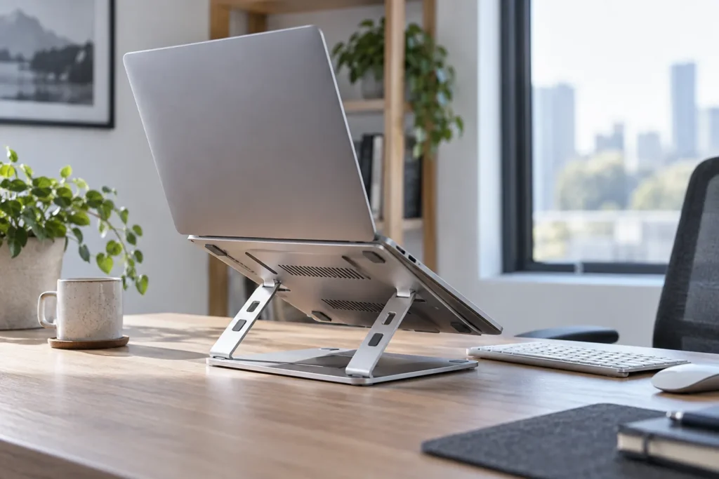 Portátil sin marca sobre un soporte de aluminio ventilado