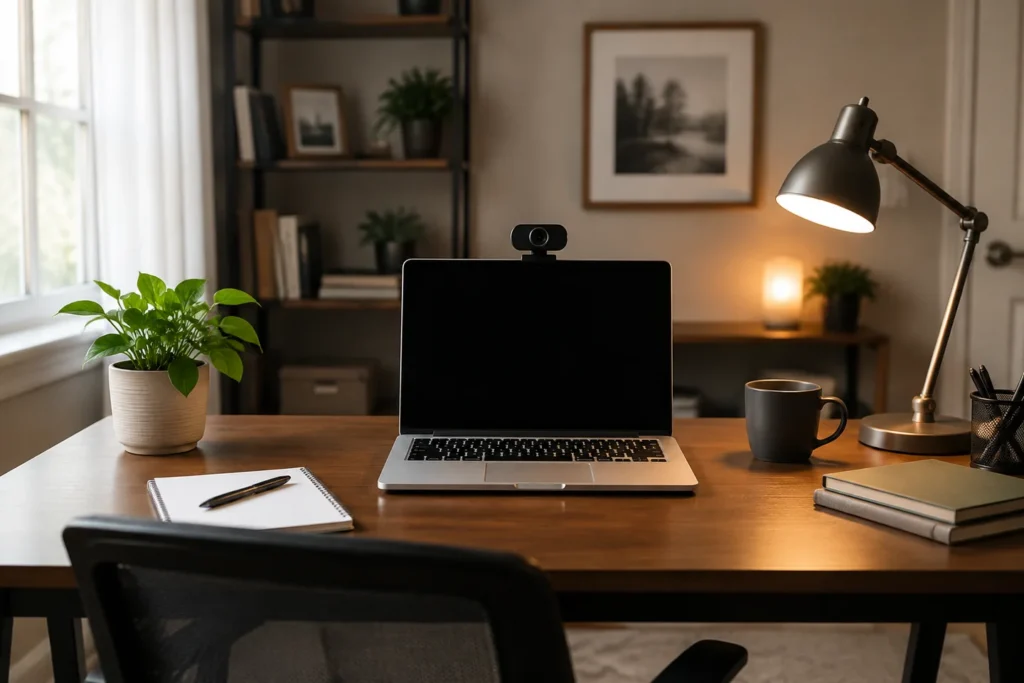 Puesto preparado para una entrevista online con webcam a la altura de los ojos