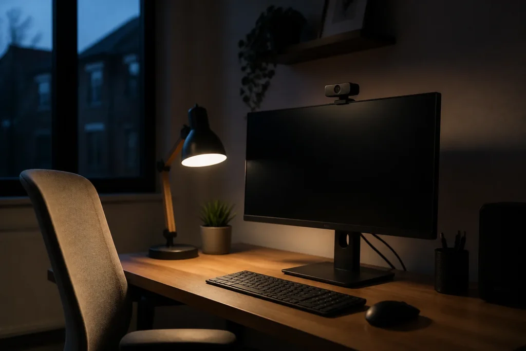 Webcam sin marca en un puesto de teletrabajo con poca luz