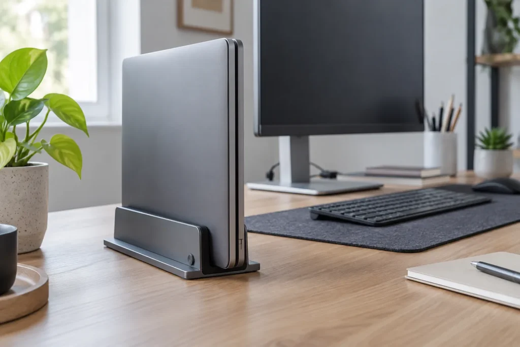 Soporte vertical para portátil en un escritorio ordenado