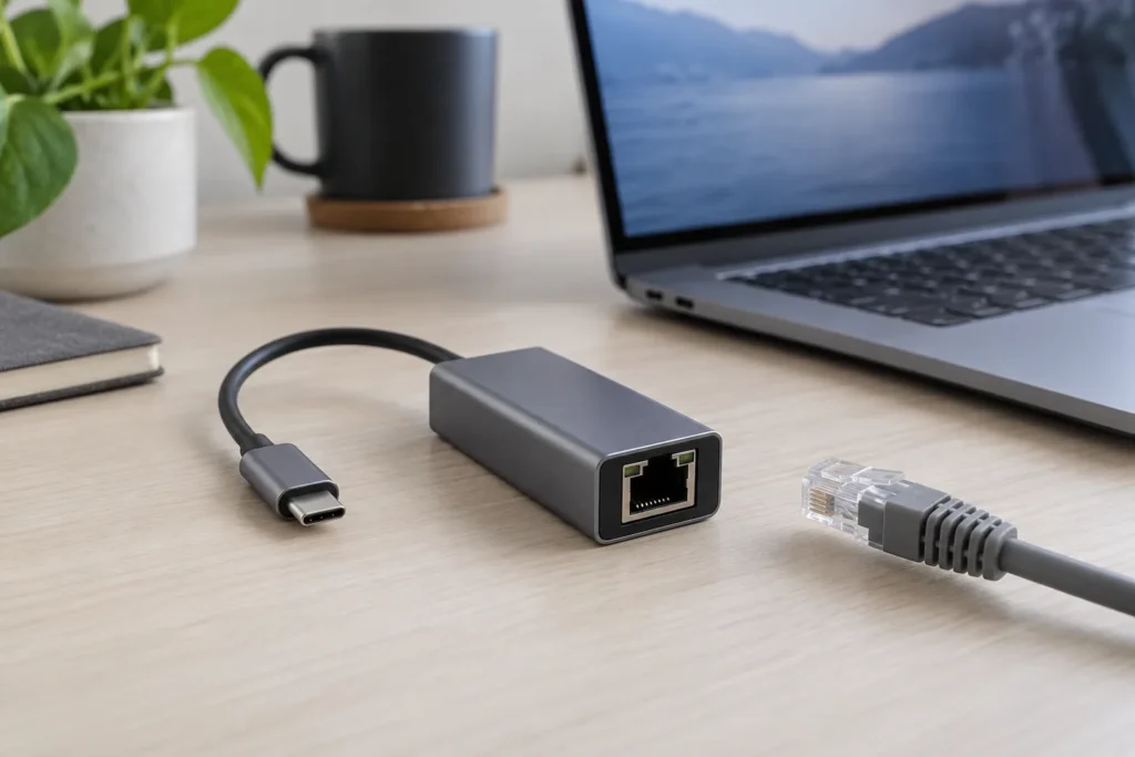 Adaptador USB-C a Ethernet Gigabit genérico junto a un portátil y cable de red