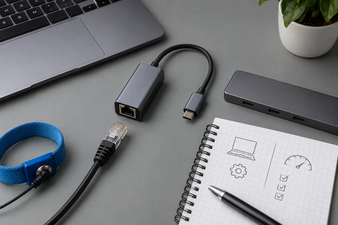 Puertos y conectores de un adaptador USB-C a Ethernet Gigabit