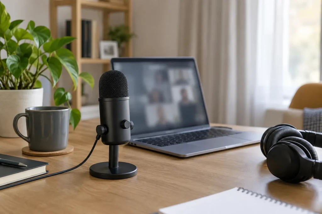 Micrófono USB para videollamadas sobre un escritorio doméstico ordenado