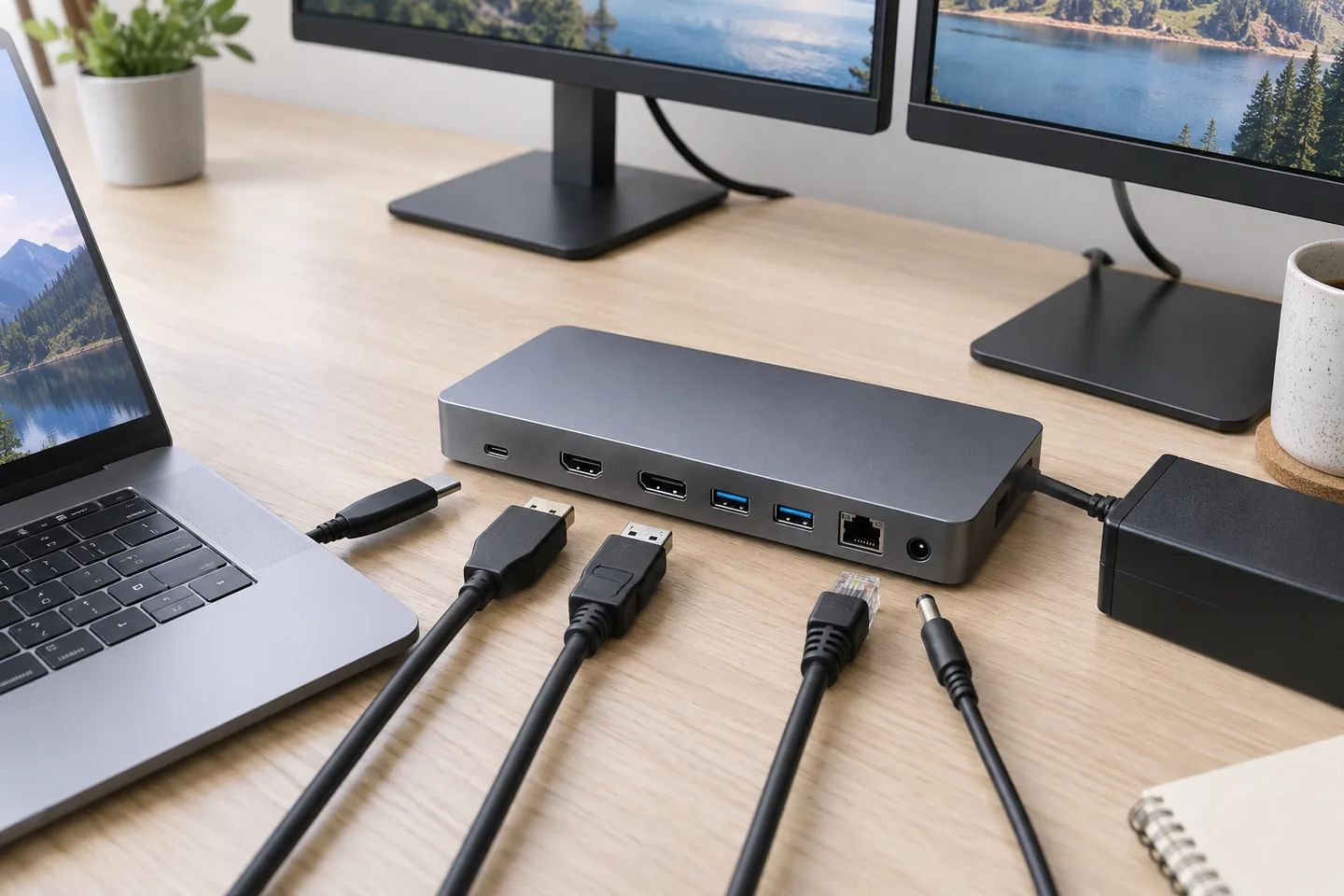 Puertos y cables de un dock USB-C para dos monitores
