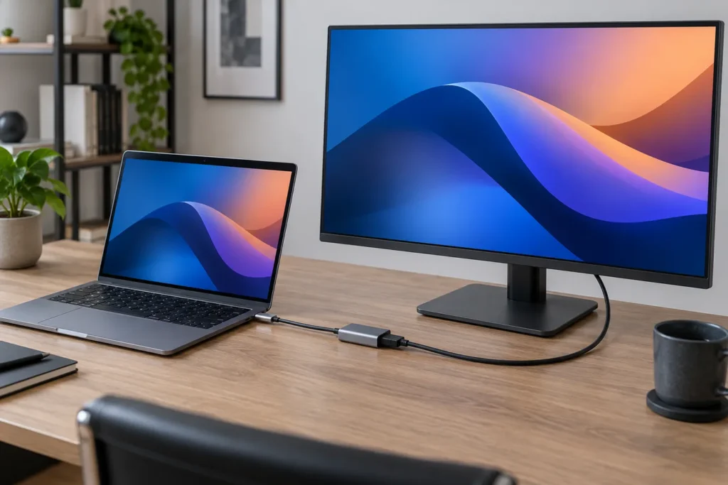 Adaptador USB-C a HDMI 4K conectado entre un portátil y un monitor
