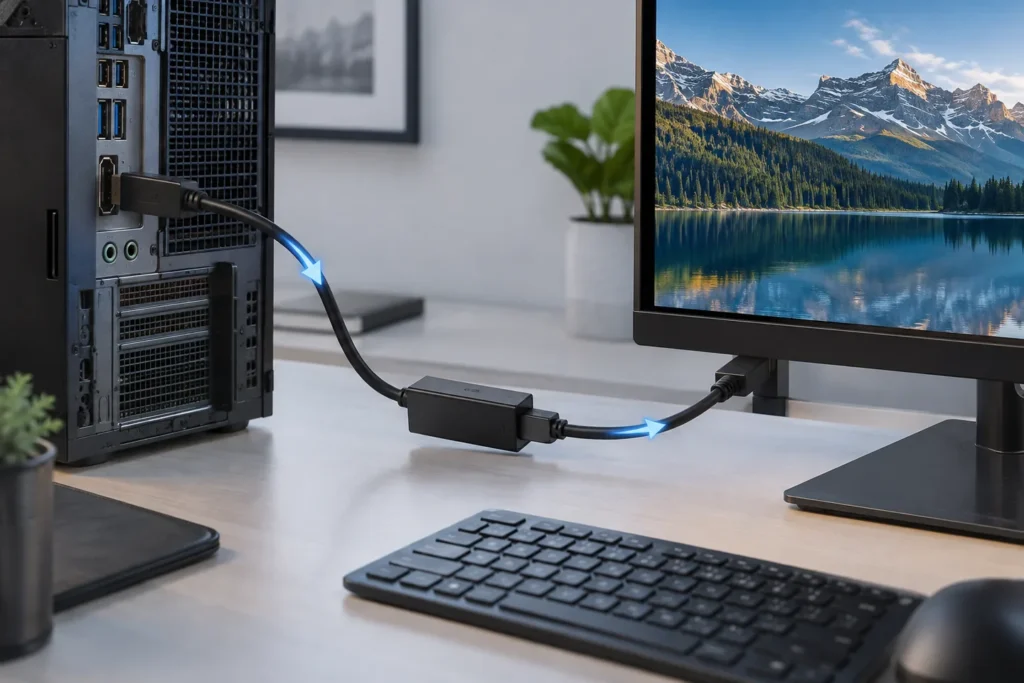 Adaptador DisplayPort a HDMI activo conectado entre ordenador y monitor