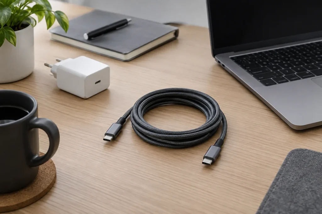 Cable USB4 de 40 Gbps junto a portátil y cargador genéricos