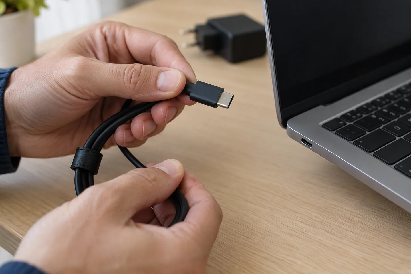 Comprobación visual de conectores en un cable USB4 antes de conectarlo