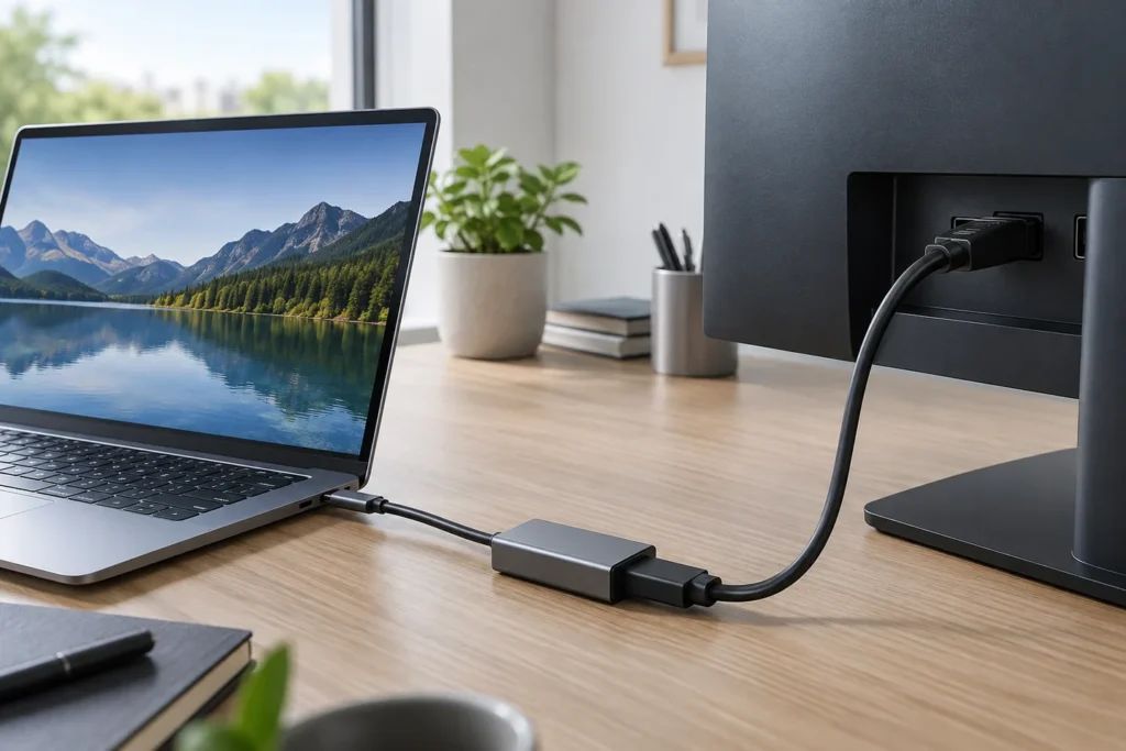 Adaptador USB-C a DisplayPort conectado entre portátil y monitor