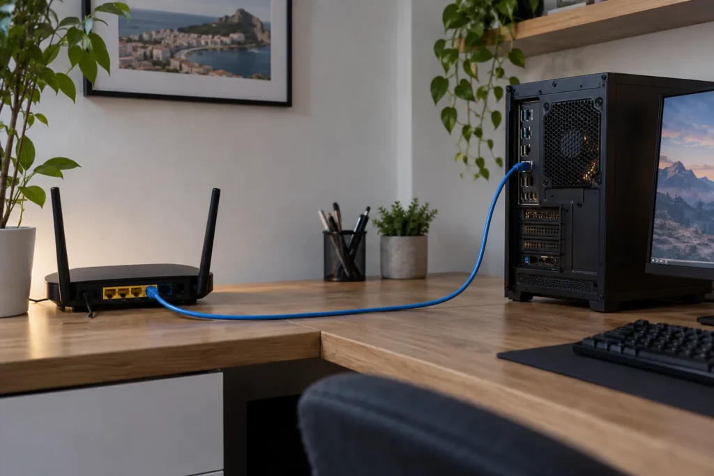 Cable Ethernet Cat 6 conectado entre un router y un PC de gaming