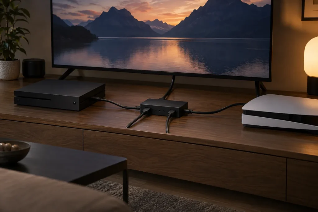 Switch HDMI conectado entre dos consolas genéricas y un televisor