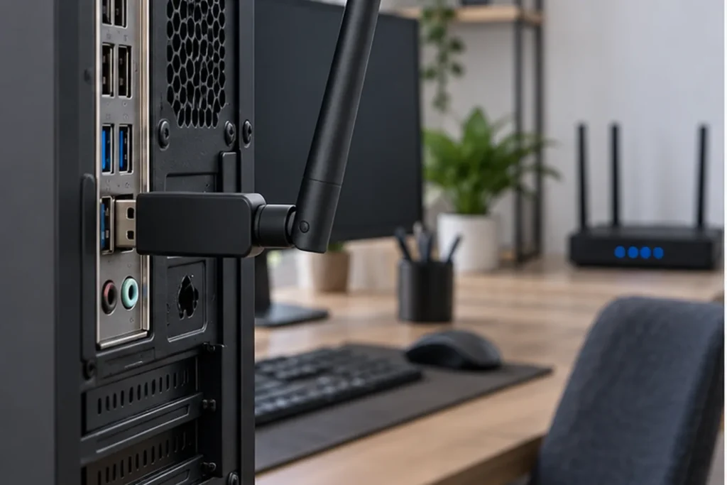 Adaptador WiFi USB conectado a un PC de sobremesa