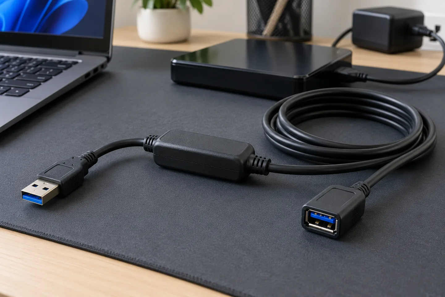 Conectores y módulo repetidor de un alargador USB activo