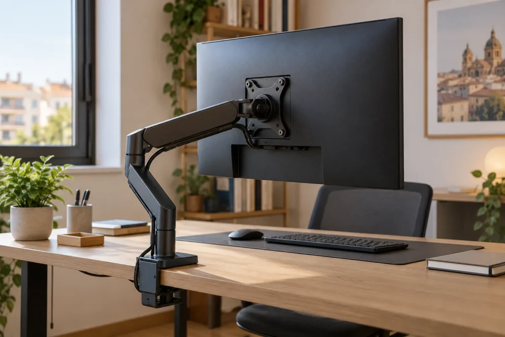 Brazo de monitor VESA instalado en un escritorio compacto