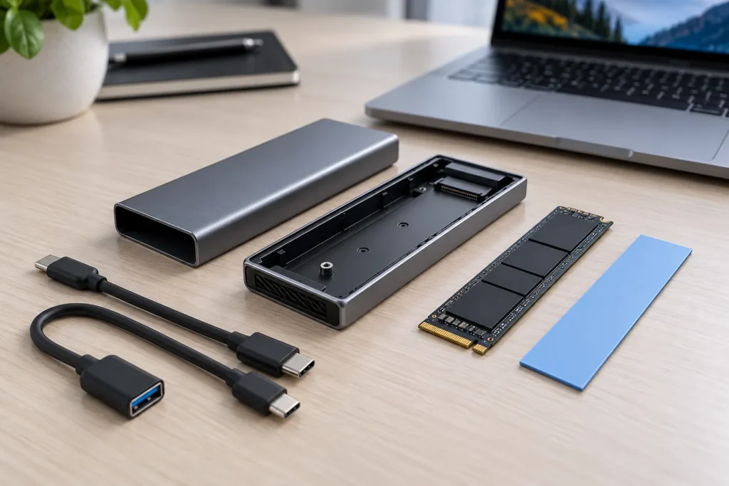 Caja externa USB-C abierta junto a un SSD NVMe y almohadilla térmica