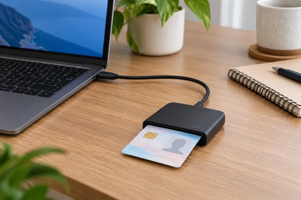 Lector USB-C de tarjeta inteligente junto a un portátil genérico