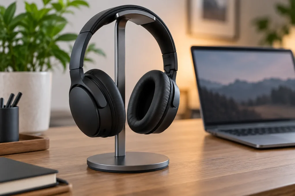 Auriculares genéricos colgados en un soporte de sobremesa estable