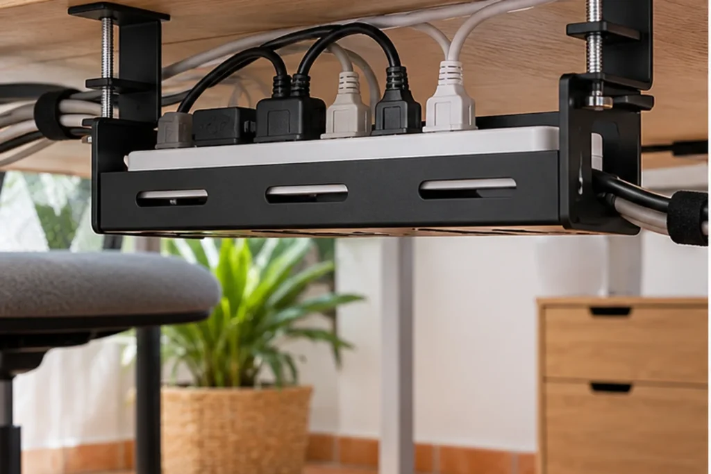 Regleta sujeta bajo un escritorio con cables ventilados y ordenados