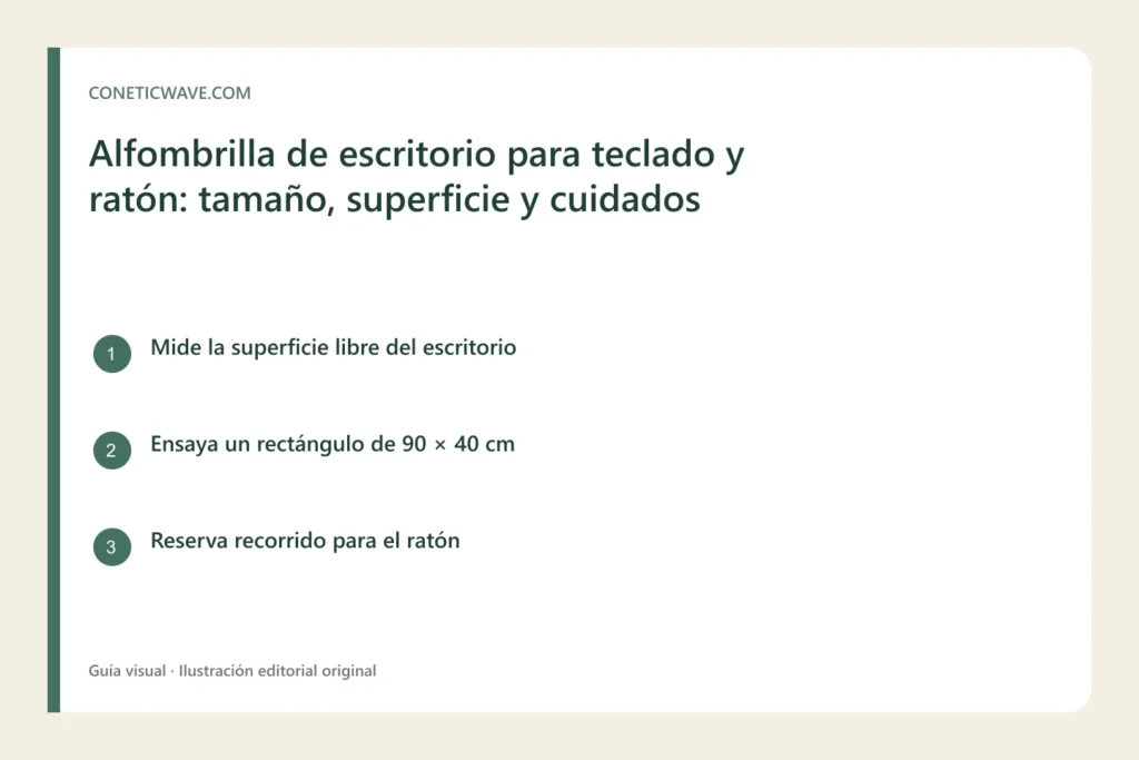 Infografía de una superficie de 90 × 40 cm con teclado y espacio lateral para mover el ratón